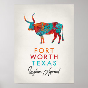 Fort Worth Texas Colorful Longhorn Poster