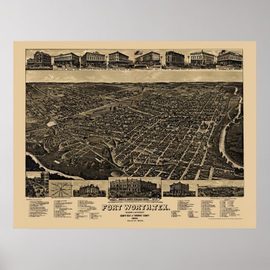 Fort Worth, TX Panorama Karte - 1886 Poster (Vorne)