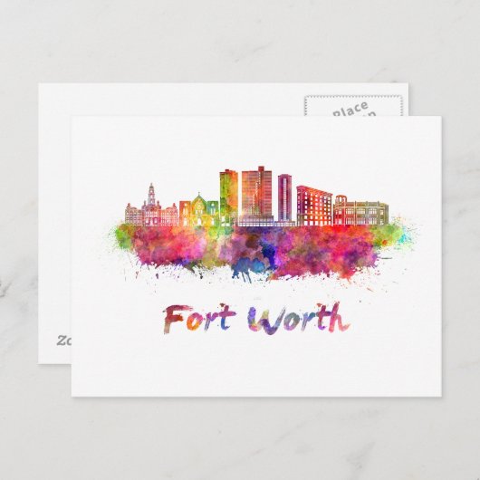 Fort Worth V2 Skyline in Aquarellfarbe Postkarte (Vorne/Hinten)