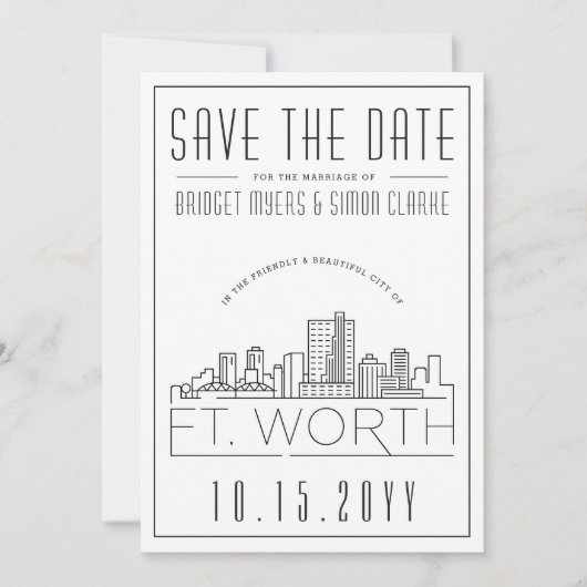 Fort Worth Wedding Stylized Skyline Save the Date Einladung (Vorderseite)