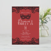 Fortune Red Black Lace Masquerade Sweet 16 Party Einladung (Stehend Vorderseite)