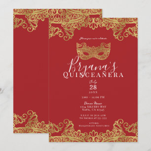 Fortune Red Gold Lace Maskerade 15 Quinceañera   Einladung