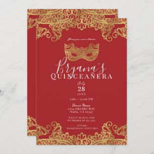 Fortune Red Gold Lace Masquerade 15 Quinceañera Einladung