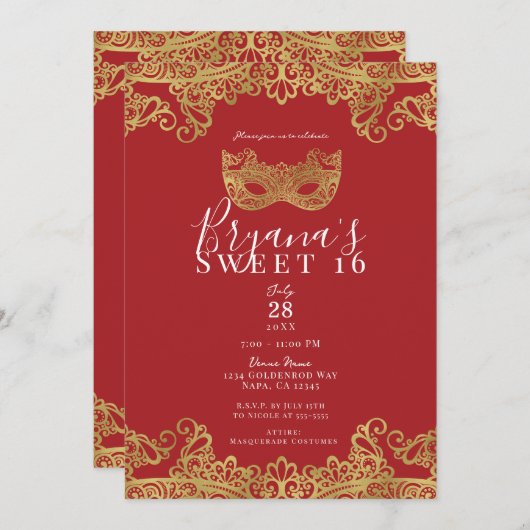 Fortune Red & Gold Lace Masquerade Sweet 16 Party Einladung (Vorne/Hinten)