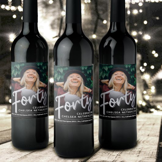 Forty 40th Birthday photo script silver black Weinetikett