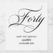 Forty birthday Elegant black and white Wine label Weinetikett (Einzelnes Label)