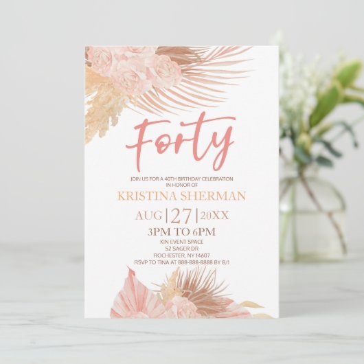 Forty Boho Pink Floral 40th Birthday Party Einladung (Stehend Vorderseite)