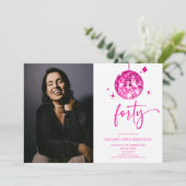 Forty Pink Disco Ball Photo 40th Birthday Party Einladung (Stehend Vorderseite)