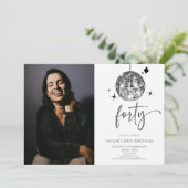 Forty Silver Disco Ball Photo 40th Birthday Party Einladung (Stehend Vorderseite)