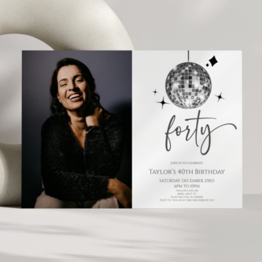 Forty Silver Disco Ball Photo 40th Birthday Party Einladung