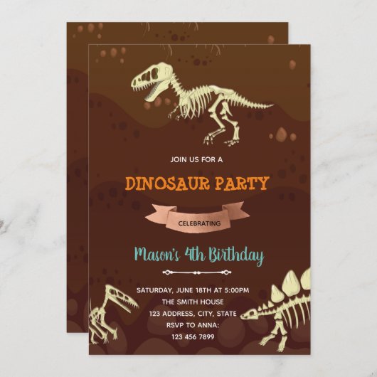Fossile Dinosaurier - Einladung zum Geburtstag (Vorne/Hinten)