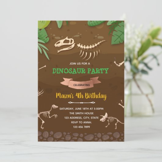 Fossile Dinosaurier Geburtstagsfeier Einladung (Stehend Vorderseite)