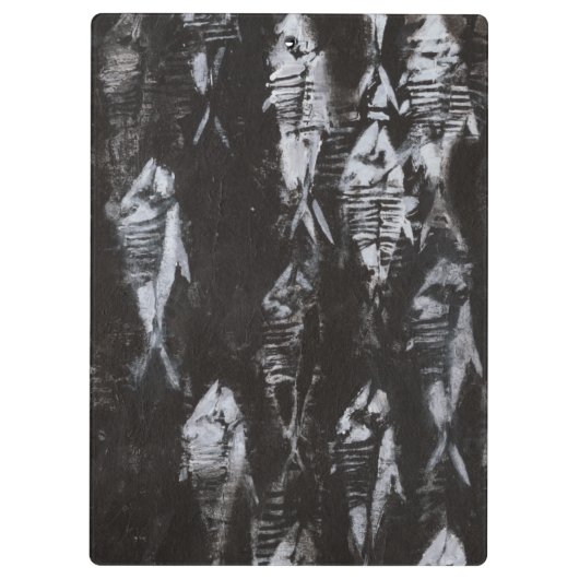 Fossile weiße Fische im schwarzen Hintergrund Klemmbrett (Rückseite)