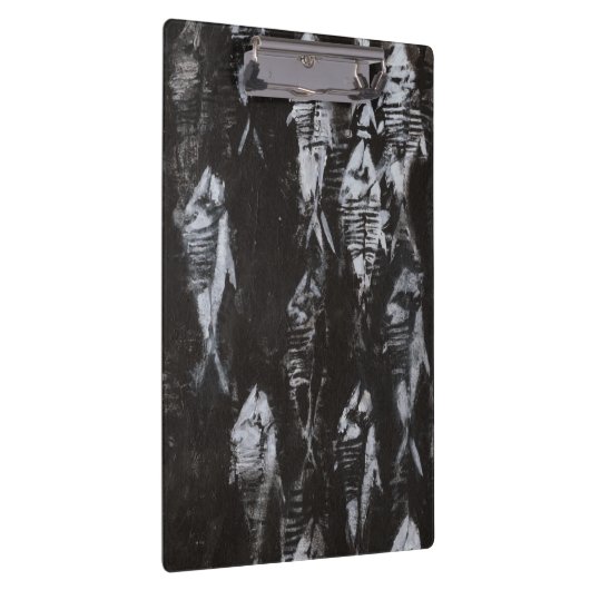 Fossile weiße Fische im schwarzen Hintergrund Klemmbrett (Rechts)