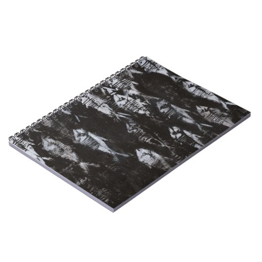 Fossile weiße Fische im schwarzen Hintergrund Notizblock (Linke Seite)