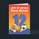 Foster Brother 12. Geburtstag Sportbälle Karte<br><div class="desc">"Happy 12th Birthday Foster Brother" steht auf der Vorderseite über der großen Zahl 12 und die Sammlung verschiedener Sportbälle. Die einzige und einzige Karte,  die Ihrem Sportliebhaber zu schenken,  ist der Pflegebruder für seinen bevorstehenden Geburtstag.</div>