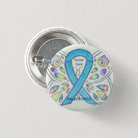 Foster Care Blue Butterfly Awareness Ribbon Button (Vorne & Hinten)