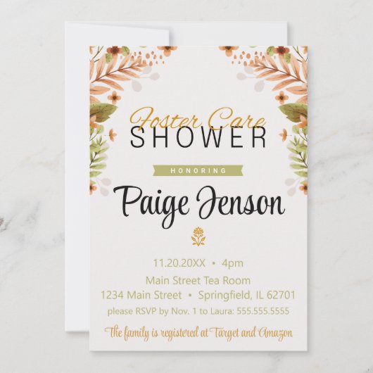 Foster Care Dusche Grüne und braune Botanicals Einladung (Vorderseite)