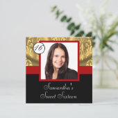 Foto 16 . Geburtstag, Rot, Schwarz und Gold Einladung (Stehend Vorderseite)