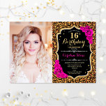Foto 16. Geburtstagsparty Pink Gold Leopard Print Einladung<br><div class="desc">Leopard Print 16. Geburtstagsfeier Einladung mit Ihrem Foto. Features Gepard-Muster,  Skript-Schriftart,  Fuchsia-Rose und Konfetti. Klassisches Schwarz-weißes rosa Design mit Imitaten Glitzer Gold. Ideal für ein elegantes Tierbild in 16 . Geburtstag.</div>