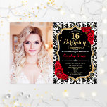 Foto 16. Geburtstagsparty Red Gold Damask Einladung<br><div class="desc">16. Geburtstagsfeier mit Ihrem Foto. Enthält Damask,  Script-Schriftart,  rote Rosen und Confetti. Klassisches Schwarz-weißes rotes Design mit Imitaten Glitzer Gold. Ideal für eine elegante 16 . Geburtstag-Feier.</div>