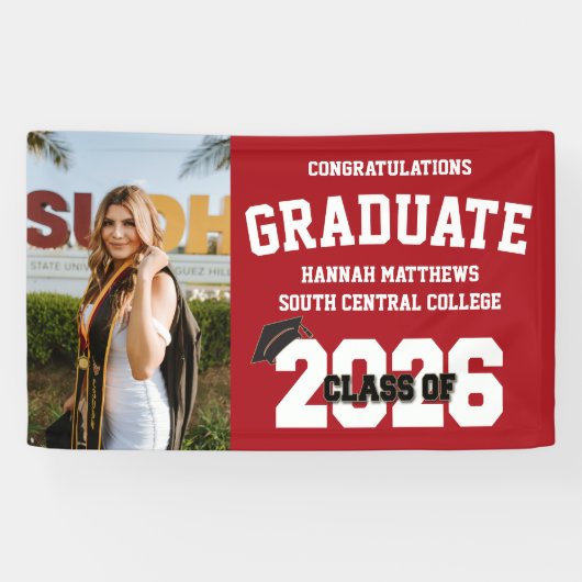 Foto 2026 Rotes Abschlussbanner mit Kappe Banner (Horizontal)