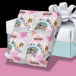 Foto 21. Geburtstag Pink Peach Paint Spritzer Geschenkpapier