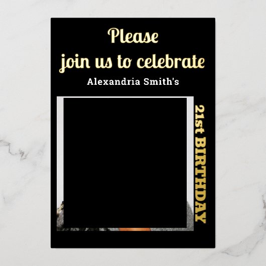 Foto 21. Geburtstag Schwarzes Gold Folieneinladung (Vorderseite)