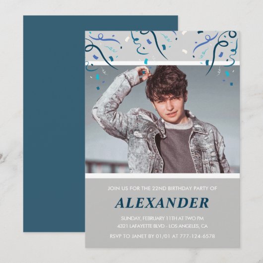 Foto 22. Geburtstag Einladung ihn Blue Confetti (Vorne/Hinten)