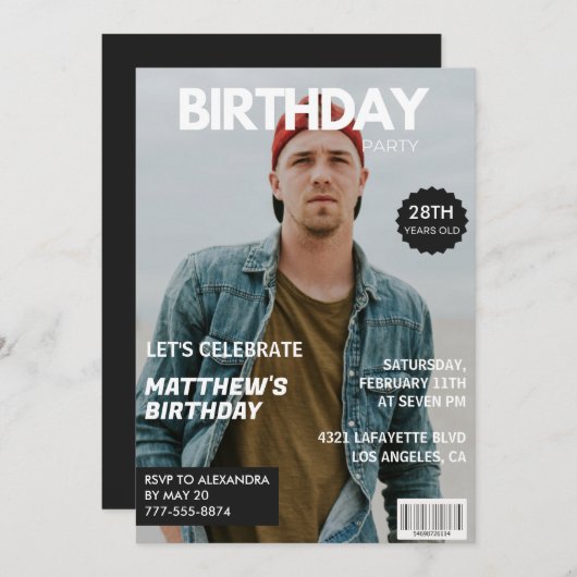 Foto 28. Geburtstag Einladungen für ihn Magazine (Vorne/Hinten)