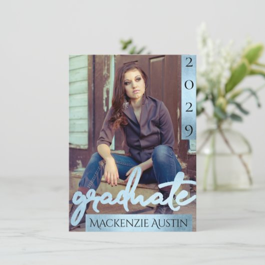 FOTO 2 | Blaues Script Cool Brush Keepake Einladung (Stehend Vorderseite)