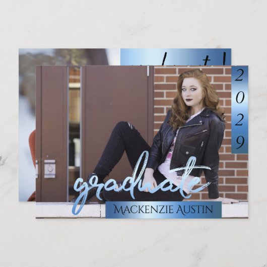 FOTO 2 | Blaues Script Cool Brush Keepake Einladung (Vorne/Hinten)