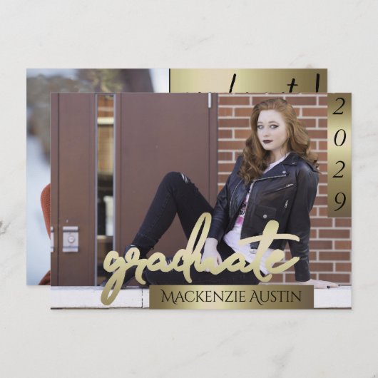 FOTO 2 | Gold Script Elegant Grad Einladung (Vorne/Hinten)