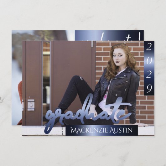 FOTO 2 | Navy Script Dark Blue Keepake Einladung (Vorne/Hinten)