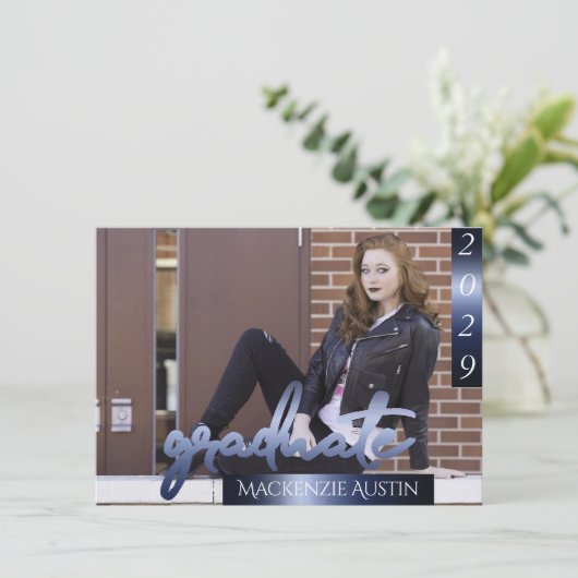 FOTO 2 | Navy Script Dark Blue Keepake Einladung (Stehend Vorderseite)