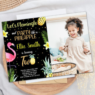 Foto 2. Schwarzer Glitzer Flamingo Ananas Einladung