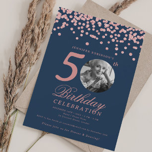 Foto 50. Geburtstag Rose Gold Konfetti Navy Blau Einladung