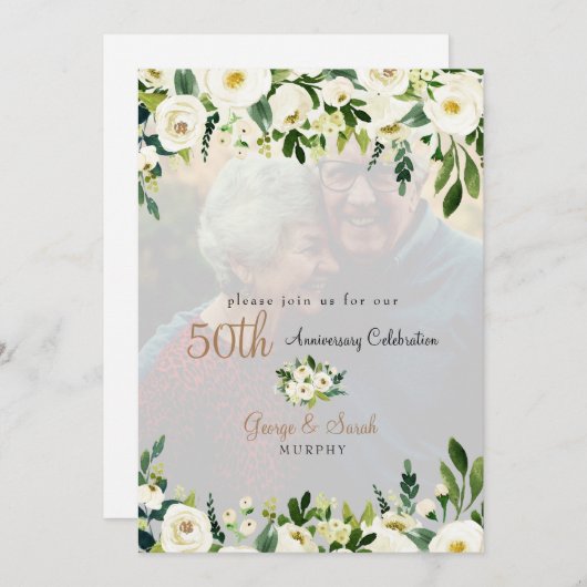 Foto 50 Jubiläum Party Weiße Blüte Einladung (Vorne/Hinten)