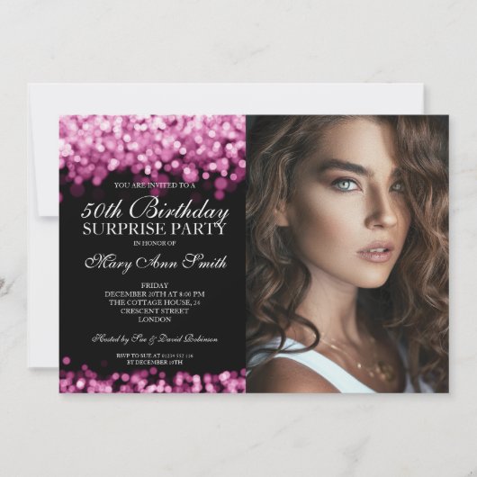 FOTO 50. Überraschung Geburtstag Rose Gold Lights Einladung (Vorderseite)