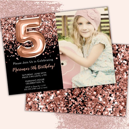 Foto 5. Schwarze Rose Gold Glitzer Geburtstag Einladung