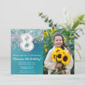 Foto 8. Aquamariner Silberner Glitzer Geburtstag Einladung (Stehend Vorderseite)