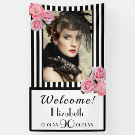 Foto 90. Geburtstag Schwarz-weiße Streifen Florals Banner