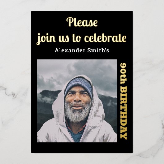 Foto 90. Geburtstag Schwarzes Gold Folieneinladung (Vorderseite)