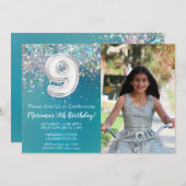 Foto 9. Aquamariner Silberner Glitzer Geburtstag Einladung (Vorne/Hinten)