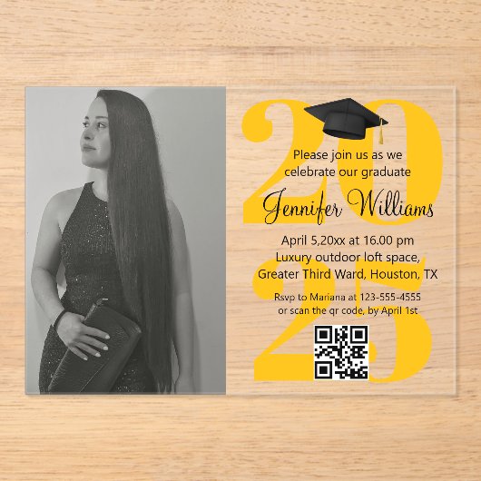 Foto Abschluss 2025 Party qr orangegelber Code Acryleinladungen (Vorderseite)
