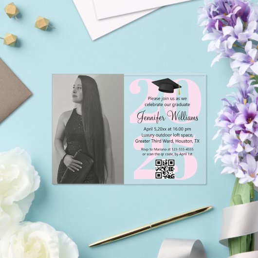 Foto Abschluss 2025 Party qr rosa Skript Acryleinladungen (In Situ (Hochzeit))