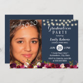 Foto Abschluss Burgundy Red Floral Navy Blue Einladung (Vorne/Hinten)