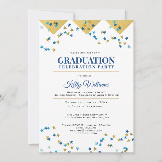 Foto Abschluss Celebration Party, Gold, Blau Einladung (Vorderseite)