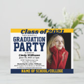 Foto-Abschluss der Navy Gold School Colors Einladung (Stehend Vorderseite)