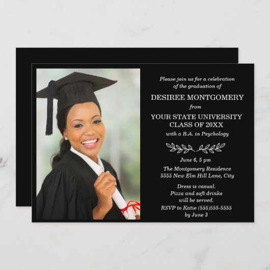 Foto-Abschluss der Schwarz-weißen Uni Einladung (Vorne/Hinten)